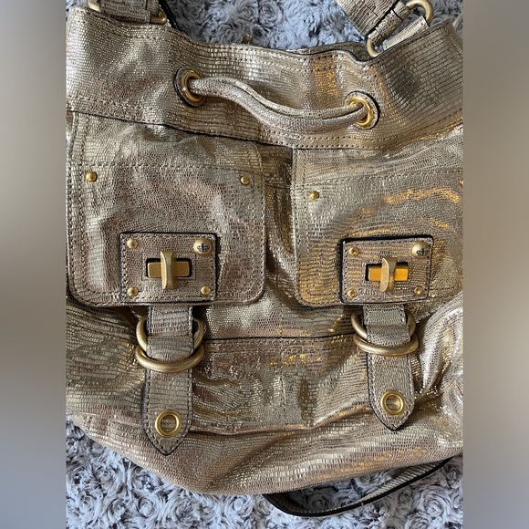 JUICY COUTURE Gold Leather Drawstring Animal Print Metallic Shoulder Bag Purse x - Picture 7 of 17
